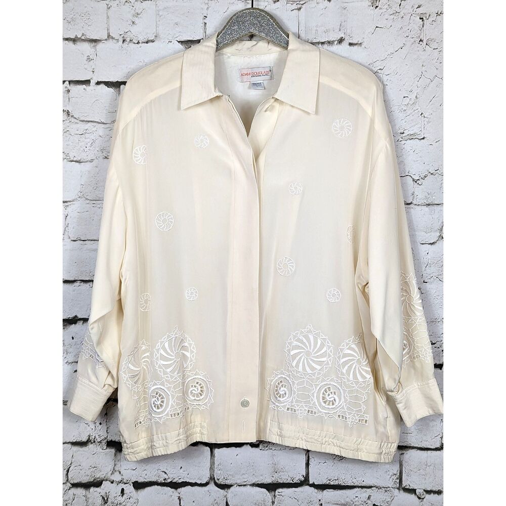 VINTAGE ADAM DOUGLASS ADRIANNA PAPELL 100% Silk Embroidered Jacket Cream Large